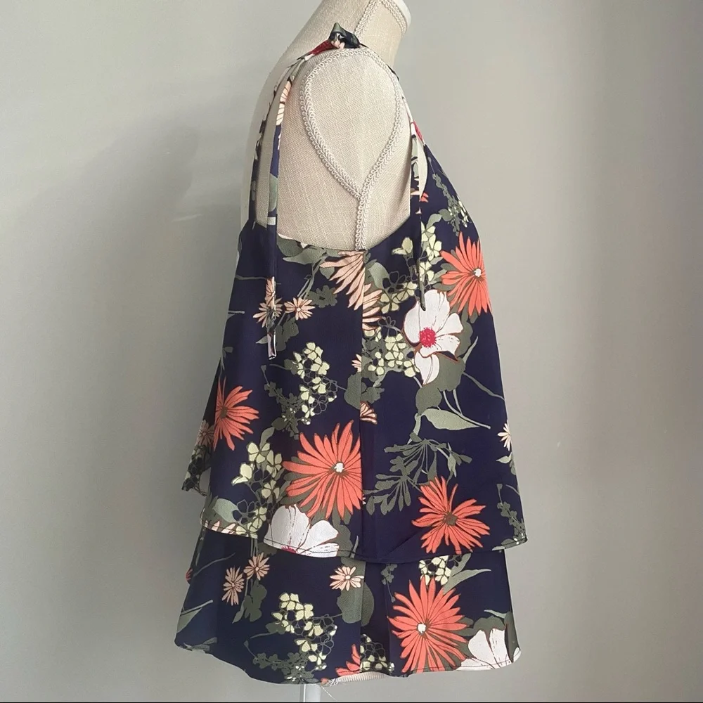 NWT BR Navy Floral Print Tie Shoulder Tiered Top, Size Small - Picture 9 of 16